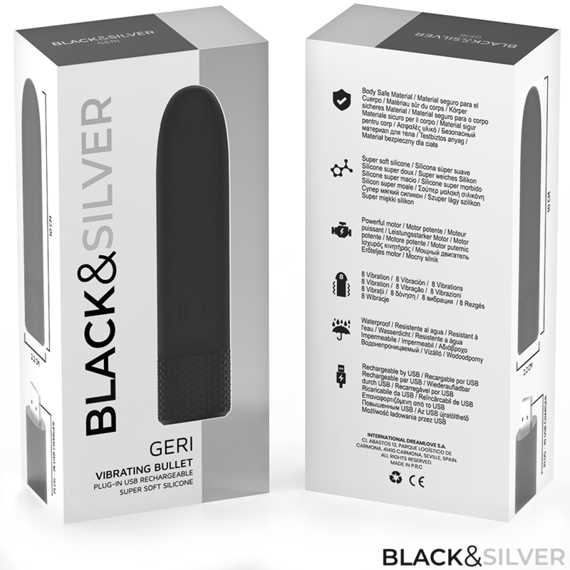 BLACK & SILVER - GERI USB RECARREGÃVEL VIBRATÃRIA BULLET 8 VIBRAÃÃES PRETO 10 X 2,2 CM