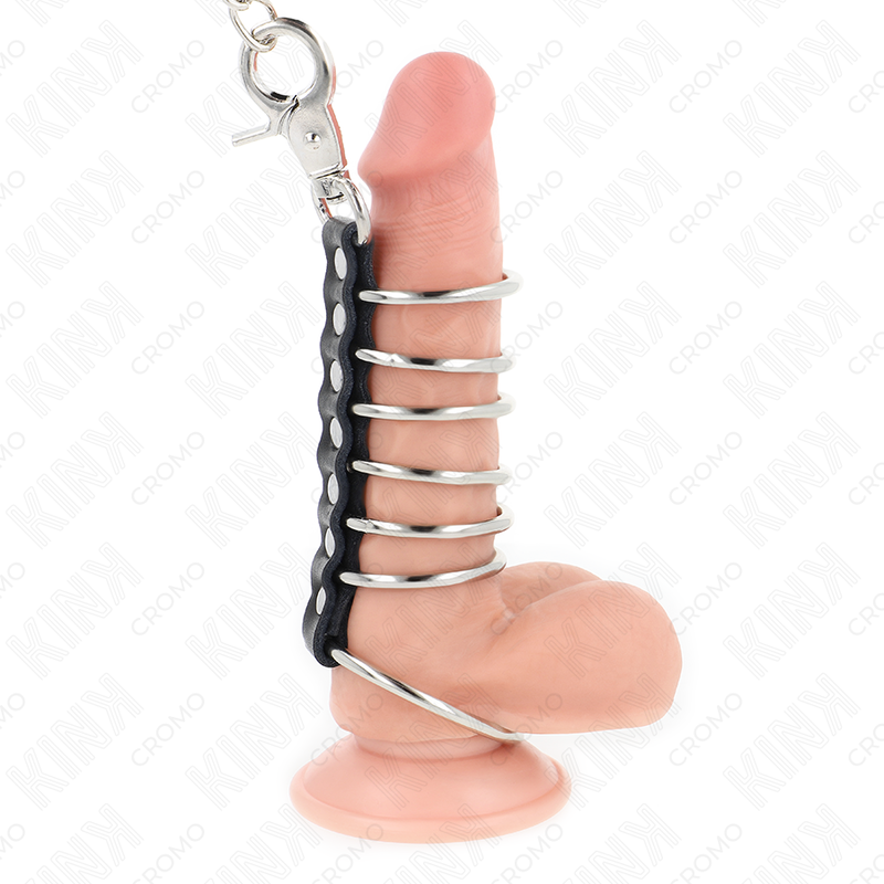 KINK - 7 ANÃIS DE METAL DE 3,8 CM A 5 CM CONECTADOS COM COURO E CORRENTE DE METAL 100 CM