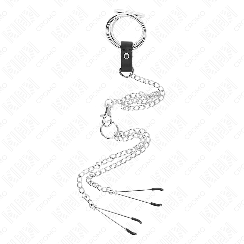 KINK - ANEL DE PÃNIS DE METAL TRIPLO CROMADO DE 3 CM A 4,5 CM COM CORRENTE DE METAL DE 26 CM E CLIPES DE MAMILO