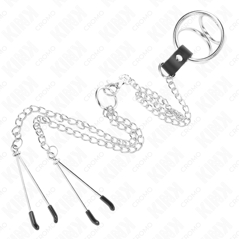 KINK - ANEL DE PÃNIS DE METAL TRIPLO CROMADO DE 3 CM A 4,5 CM COM CORRENTE DE METAL DE 26 CM E CLIPES DE MAMILO