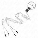 KINK - ANEL DE PÃNIS DE METAL TRIPLO CROMADO DE 3 CM A 4,5 CM COM CORRENTE DE METAL DE 26 CM E CLIPES DE MAMILO