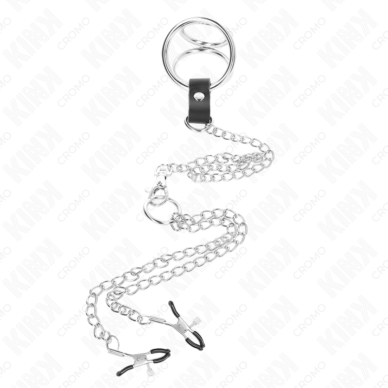KINK - ANEL DE PÃNIS TRIPLO DE METAL CROMADO DE 3 CM A 4,5 CM COM CORRENTE DE METAL DE 26 CM E CLIPES DE MAMILO