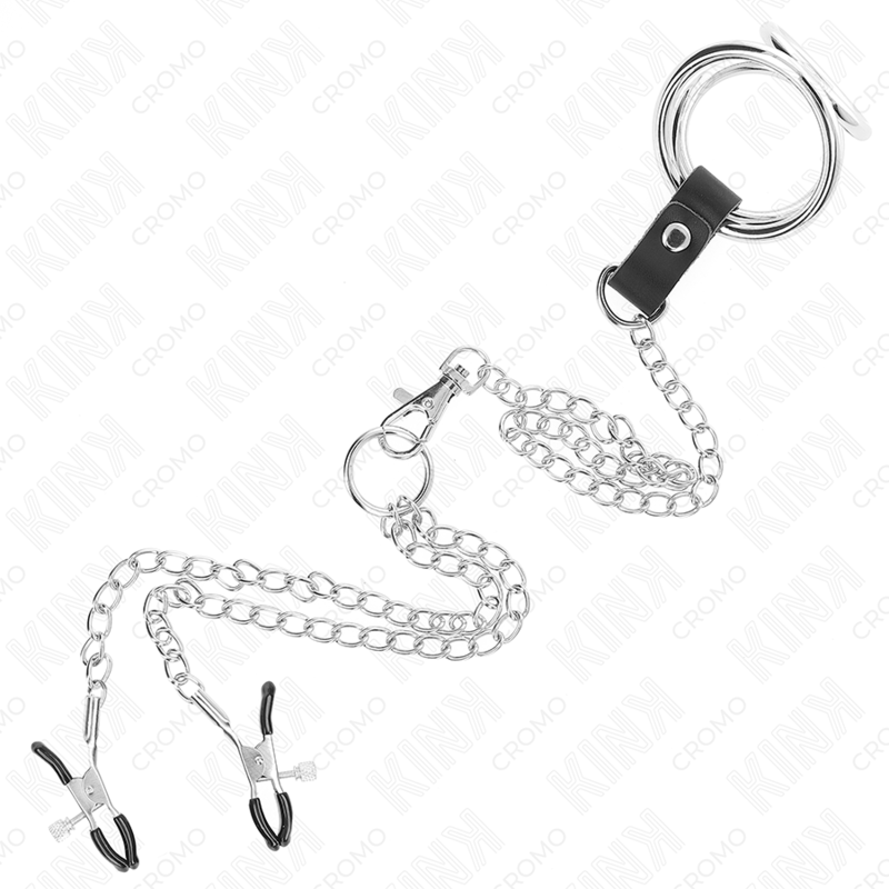 KINK - ANEL DE PÃNIS TRIPLO DE METAL CROMADO DE 3 CM A 4,5 CM COM CORRENTE DE METAL DE 26 CM E CLIPES DE MAMILO