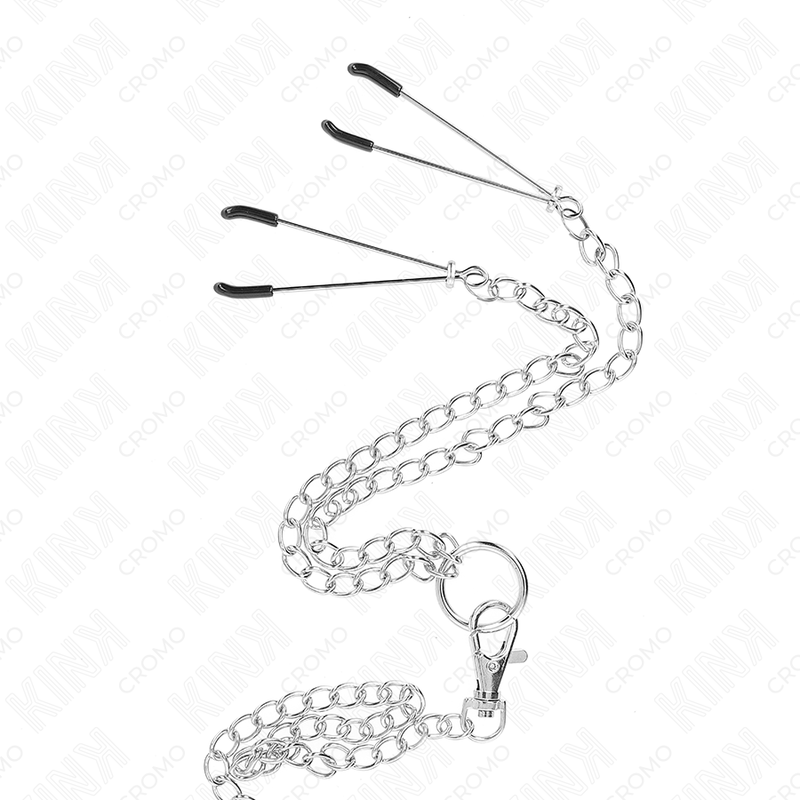 KINK - ANEL DE PÃNIS TRIPLO DE METAL CROMADO DE 3,8 CM A 5 CM COM CORRENTE DE METAL DE 26 CM E GRAMPOS DE MAMILOS MODELO 4