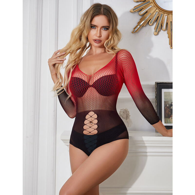 SUBBLIME - 952259 VESTIDO DE REDE ELSTICA DE MANGA LONGA COM DEGRADÃ VERMELHO E PRETO TAMANHO ÃNICO