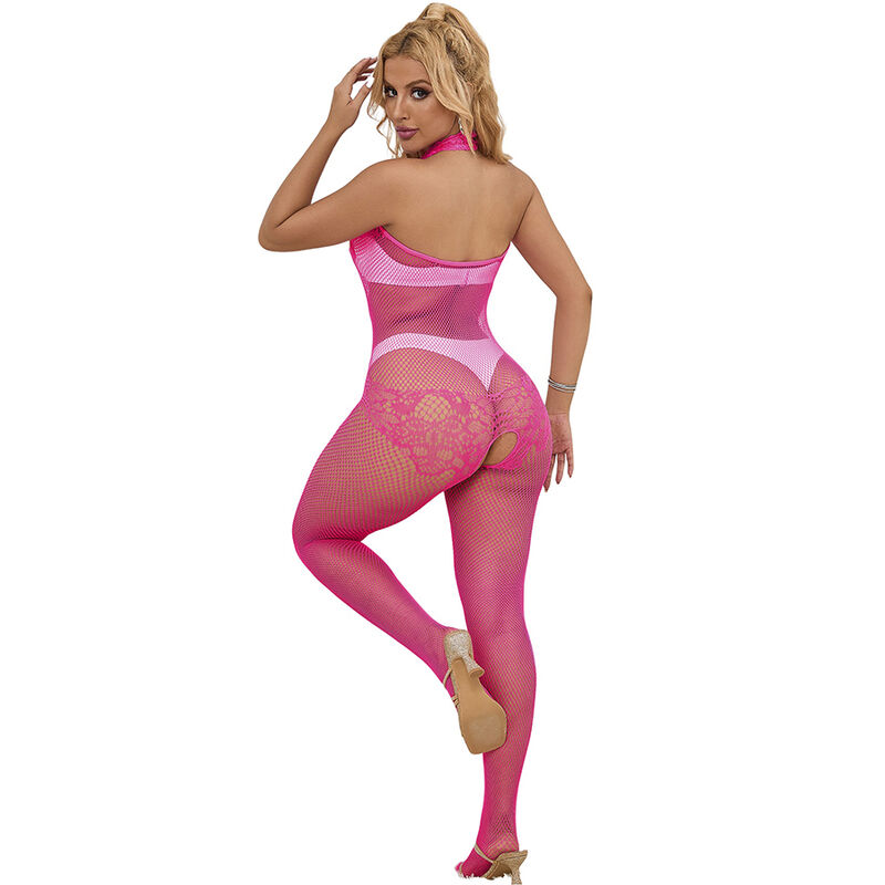 SUBBLIME - 952389 BODYSTOCKING SEM FUNDO DE REDE E RENDA COM GOLA ALTA ROSA TAMANHO ÃNICO