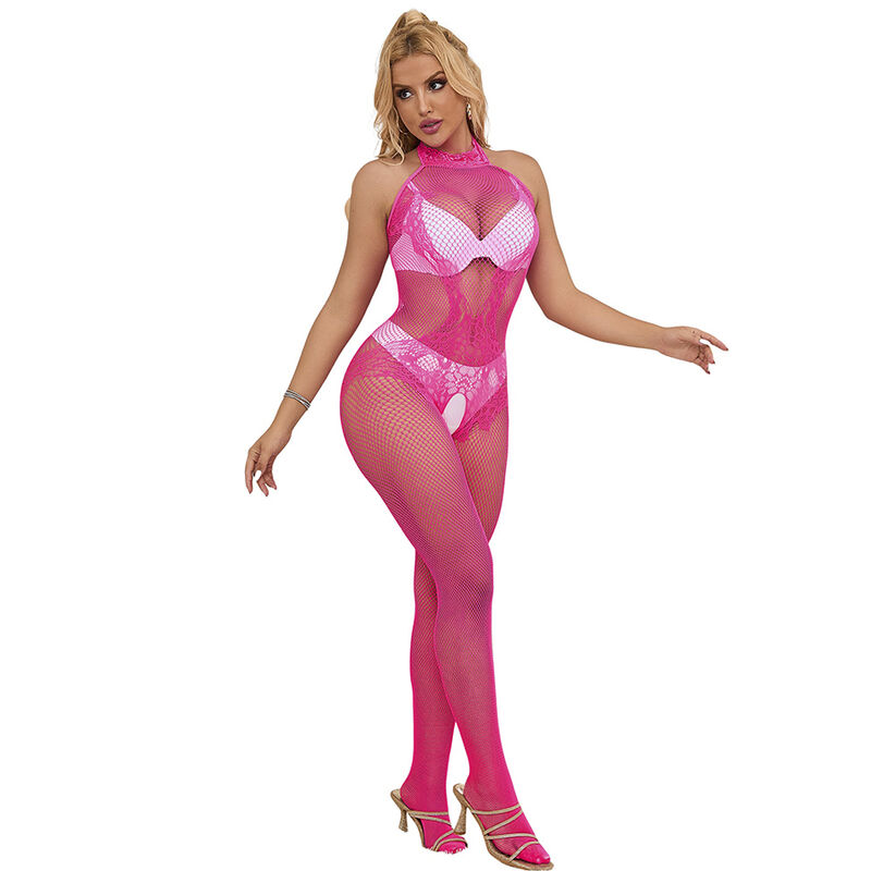 SUBBLIME - 952389 BODYSTOCKING SEM FUNDO DE REDE E RENDA COM GOLA ALTA ROSA TAMANHO ÃNICO