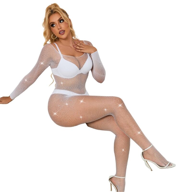 SUBBLIME - 952396 BODYSTOCKING DE REDE COM DIAMANTES MANGA COMPRIDA BRANCO TAMANHO ÃNICO