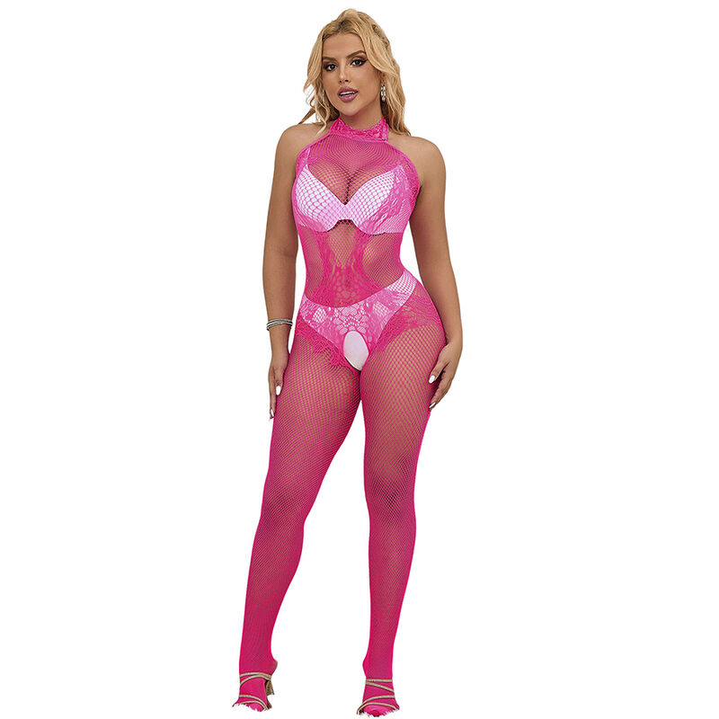 SUBBLIME - 952389 BODYSTOCKING SEM FUNDO DE REDE E RENDA COM GOLA ALTA ROSA TAMANHO ÃNICO