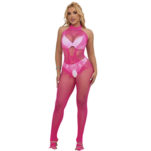 SUBBLIME - 952389 BODYSTOCKING SEM FUNDO DE REDE E RENDA COM GOLA ALTA ROSA TAMANHO ÃNICO