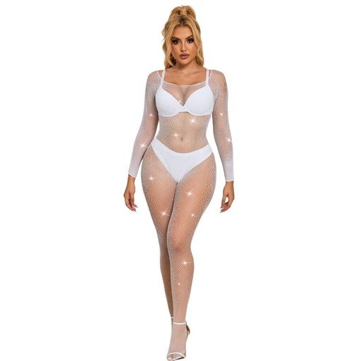 SUBBLIME - 952396 BODYSTOCKING DE REDE COM DIAMANTES MANGA COMPRIDA BRANCO TAMANHO ÃNICO