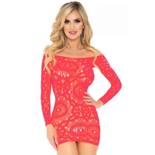 LEG AVENUE - MINI VESTIDO DE RENDA DE CROCHÊ DE MANGA COMPRIDA CORAL TAMANHO ÚNICO